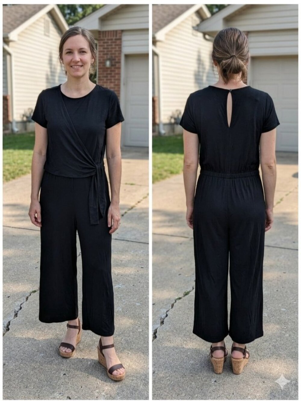 J.Jill Wearever Faux Wrap Jumpsuit XS Petite Black Knit Tie Waist Short Sleeve